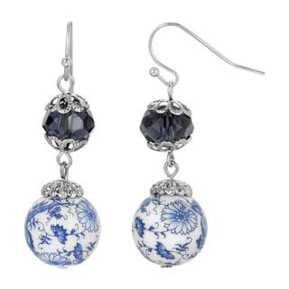 Thumbnail 2: 1928 Jewelry Vintage Silver Tone Blue Willow Beaded Drop Earrings 