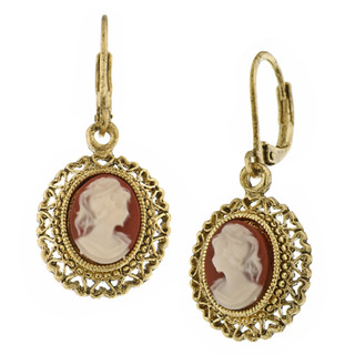 Thumbnail 2: 1928 Jewelry Vintage Goldtone Faux Carnelian Cameo Oval Drop Earrings 