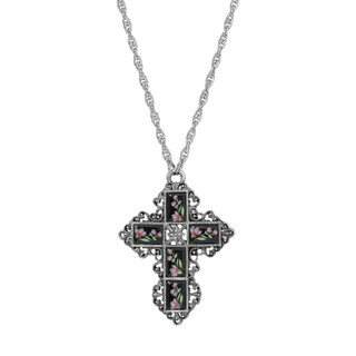 Thumbnail 1: SYMBOLS OF FAITH Enamel Flower Decal Cross Necklace 