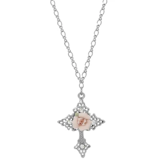 Thumbnail 1: SYMBOLS OF FAITH Crystal Porcelain Rose Cross Necklace 