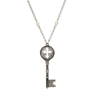 Thumbnail 2: SYMBOLS OF FAITH Cross Key Pendant Pearl Chain Necklace 