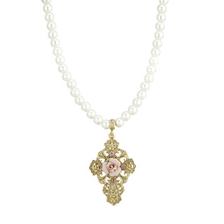 Thumbnail 2: SYMBOLS OF FAITH Faux Pearl Porcelain Pink Rose Cross Adjustable Necklace 