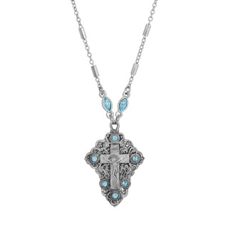 Thumbnail 2: SYMBOLS OF FAITH Silver Tone Aqua Cross Adjustable Necklace 