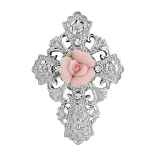 Thumbnail 2: SYMBOLS OF FAITH Silver Tone Pink Porcelain Rose Cross Pin 