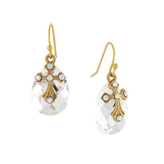 Thumbnail 2: SYMBOLS OF FAITH Crystal AB Briolette Cross Drop Earrings 