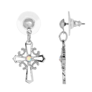Thumbnail 2: SYMBOLS OF FAITH Silver Tone Crystal Cross Drop Earrings 