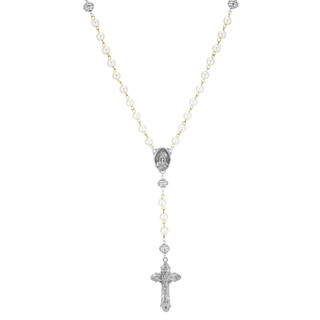 Thumbnail 2: SYMBOLS OF FAITH Silver Tone Crucifix Faux Pearl Rosary 