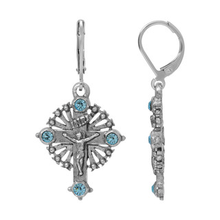 Thumbnail 2: SYMBOLS OF FAITH Silver Tone Aqua Cross Earrings 