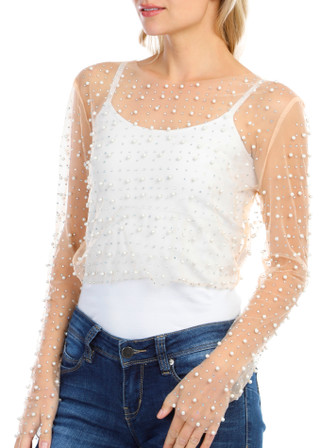 Thumbnail 3: love tree Love Tree Juniors Sheer Pearl Rhinestone Long Sleeve Top 