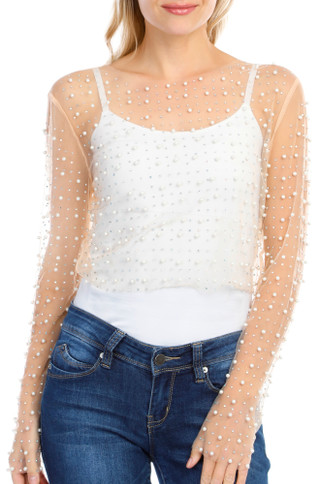 Thumbnail 1: love tree Love Tree Juniors Sheer Pearl Rhinestone Long Sleeve Top 