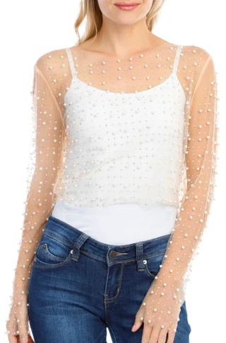 Thumbnail 1: love tree Love Tree Juniors Sheer Pearl Rhinestone Long Sleeve Top 
