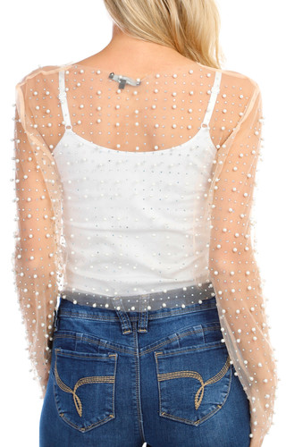 Thumbnail 2: love tree Love Tree Juniors Sheer Pearl Rhinestone Long Sleeve Top 