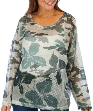 Thumbnail 1: Kaktus Kaktus Womens Camo Blossom Print Mesh Long Sleeve Top 