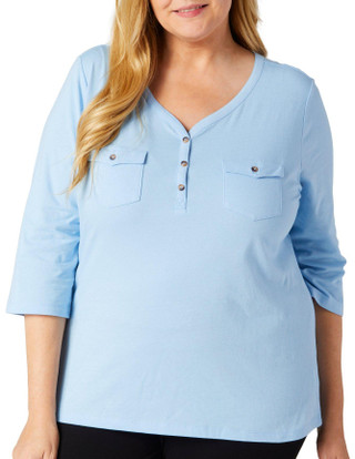 Thumbnail 1: Coral Bay Coral Bay Plus Solid 3/4 Sleeve Henley Top 