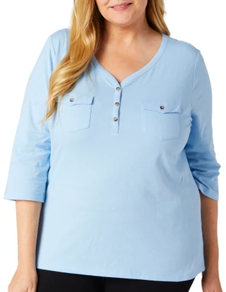Thumbnail 2: Coral Bay Coral Bay Plus Solid 3/4 Sleeve Henley Top 