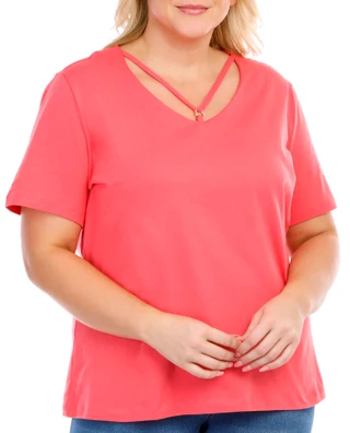 Thumbnail 6: Coral Bay Coral Bay Plus Criss Cross Ring Neck Short Sleeve Top 