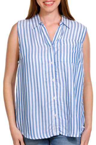 Thumbnail 1: Dash Dash Womens Striped Sleeveless Buttoned Chambray Blouse 