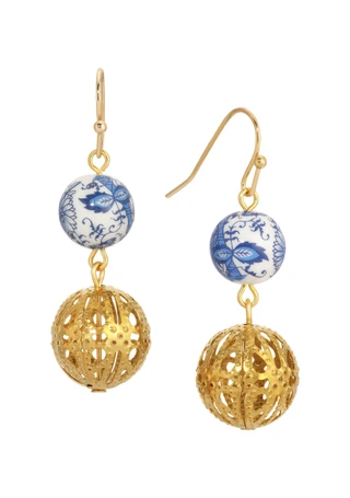 Thumbnail 1: 1928 Jewelry 1928 Jewelry Blue & White and Gold Drop Wire Earrings 