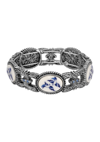 Thumbnail 1: 1928 Jewelry 1928 Jewelry Silver Tone Blue Willow Stretch Bracelet 