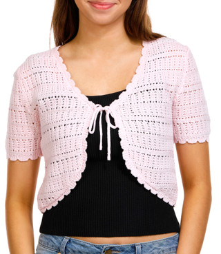 Thumbnail 1: No Comment No Comment Juniors Short Sleeve Tie Front Crochet Cardigan 