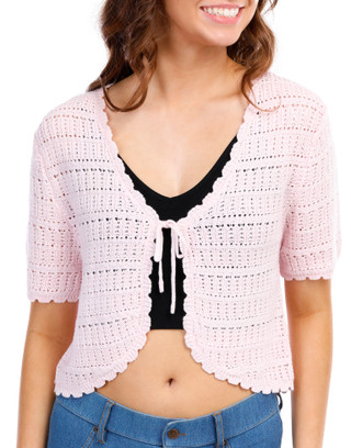 Thumbnail 4: No Comment No Comment Juniors Short Sleeve Tie Front Crochet Cardigan 