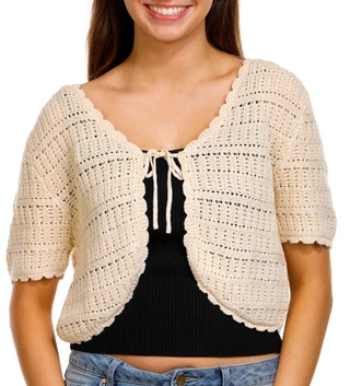 Thumbnail 1: No Comment No Comment Juniors Short Sleeve Tie Front Crochet Cardigan 