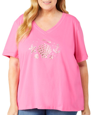 Thumbnail 1: Coral Bay Coral Bay Plus Embellished Printed Short Sleeve Top 