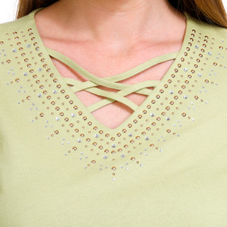 Thumbnail 3: Coral Bay Coral Bay Petite Solid Lattice Keyhole Short Sleeve Top 