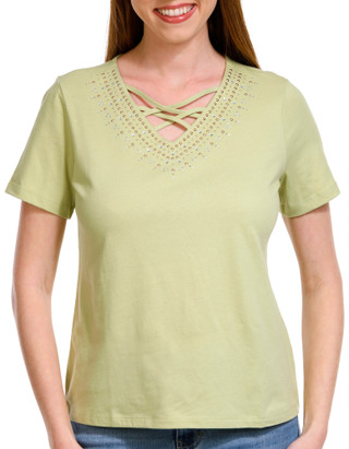 Thumbnail 1: Coral Bay Coral Bay Petite Solid Lattice Keyhole Short Sleeve Top 