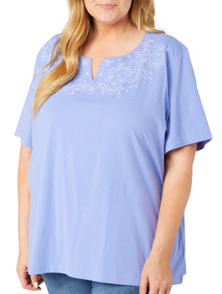Thumbnail 1: Coral Bay Coral Bay Plus Embroidered Solid Short Sleeve Top 