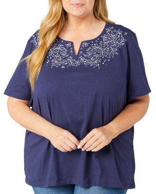 Thumbnail 1: Coral Bay Coral Bay Plus Embroidered Solid Short Sleeve Top 