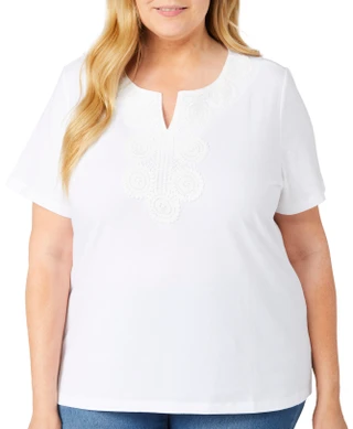 Thumbnail 2: Coral Bay Coral Bay Plus Crochet Solid Split Neck Short Sleeve Top 