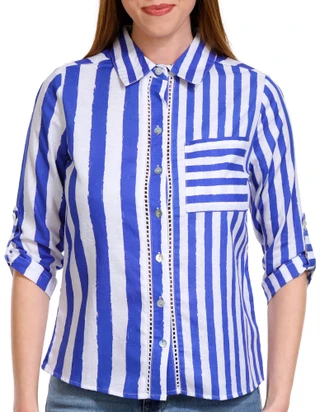 Thumbnail 1: NUCO Nuco Petite Striped Button Front 3/4 Sleeve Top 