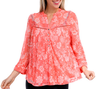 Thumbnail 1: Juniper + Lime Juniper + Lime Petite Floral Inset Henley 3/4 Sleeve Top 