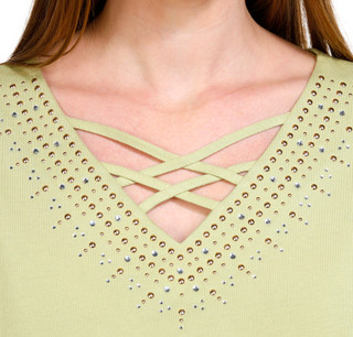 Thumbnail 6: Coral Bay Coral Bay Womens Solid Embellished Short Sleeve Top 