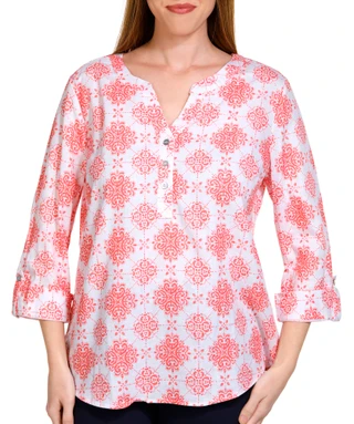 Thumbnail 1: NUCO Nuco Womens Printed Button Front 3/4 Sleeve Top 