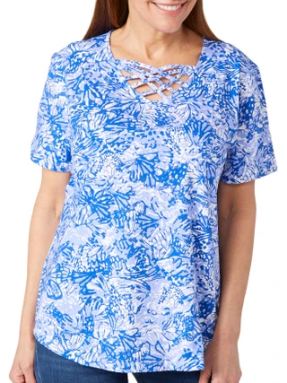 Thumbnail 1: Coral Bay Coral Bay Womens Print Crisscross Short Sleeve Top 