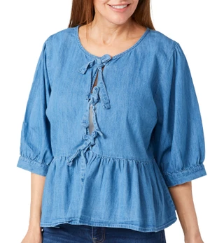 Thumbnail 2: Nouveaux Nouveaux Womens 3/4 Sleeve Tie Front Denim Jacket 