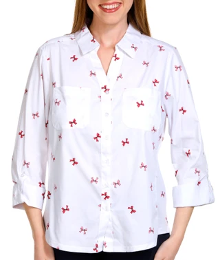 Thumbnail 1: Coral Bay Coral Bay Womens Bow Print Button Down 3/4 Sleeve Top 
