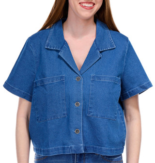 Thumbnail 2: BUNULU Bunulu Womens Short Sleeve Denim Button Down Top 