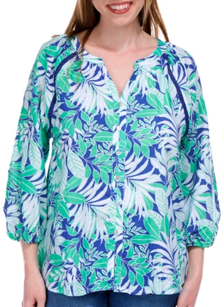 Thumbnail 2: NUCO Nuco Womens Printed Button Front 3/4 Sleeve Top 