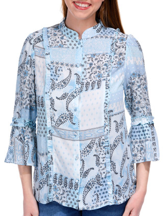 Thumbnail 2: ALEX + LILI Alex + Lili Womens 3/4 Sleeve Mixed Media Buttoned Top 