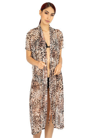 Thumbnail 2: Jordan Taylor Womens Animal Print Mesh Long Duster Cover Up with Tie Belt 