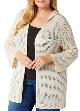Thumbnail 1: Tahari Tahari Plus Open Knit Hooded Long Sleeve Cardigan 