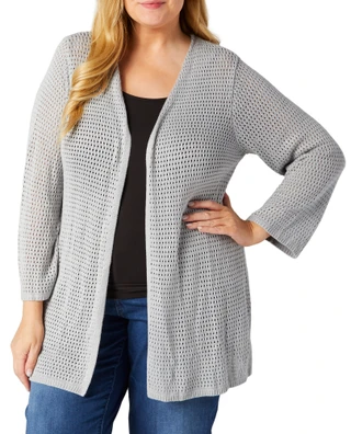 Thumbnail 1: Tahari Tahari Plus Open Knit Hooded Long Sleeve Cardigan 