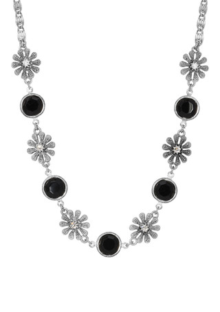 Thumbnail 1: 1928 Jewelry 1928 Jewelry Silvertone Jet Crystal Flower Necklace 