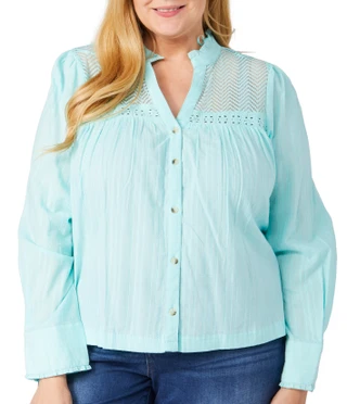 Thumbnail 1: Kaktus Kaktus Plus Long Sleeve Buttoned Lace Trim Top 