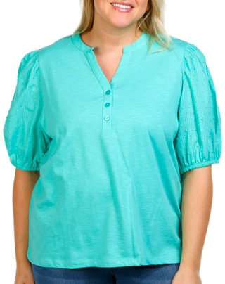 Thumbnail 1: Kaktus Kaktus Plus Short Puff Sleeve Cotton Henley Top 
