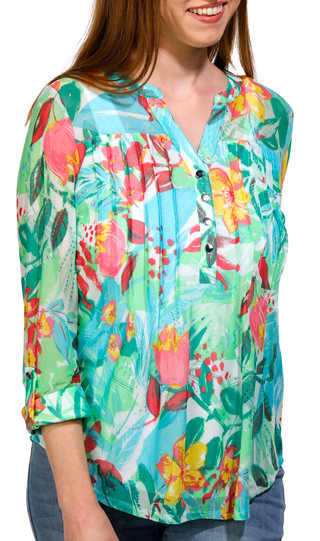 Thumbnail 5: Juniper + Lime Juniper + Lime Womens Print Pleated Henley 3/4 Sleeve Top 