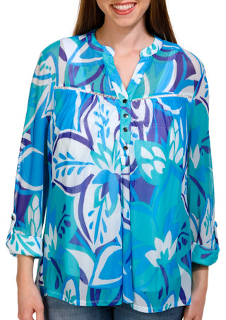 Thumbnail 1: Juniper + Lime Juniper + Lime Womens Print Trim Inset Henley 3/4 Sleeve Top 